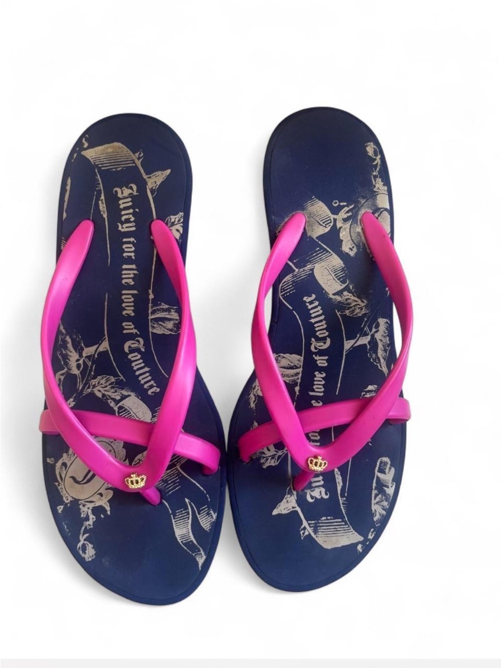 Juicy Couture Navy Footbed Sandals with Bright Pink Straps